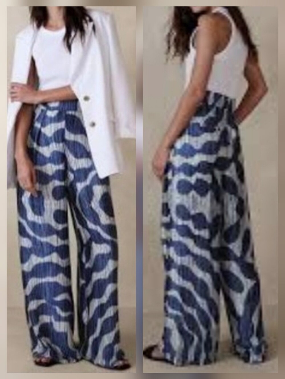 Banana Republic Factory Satin Wide Leg Pants Blue Abstract Print Pockets Size 6